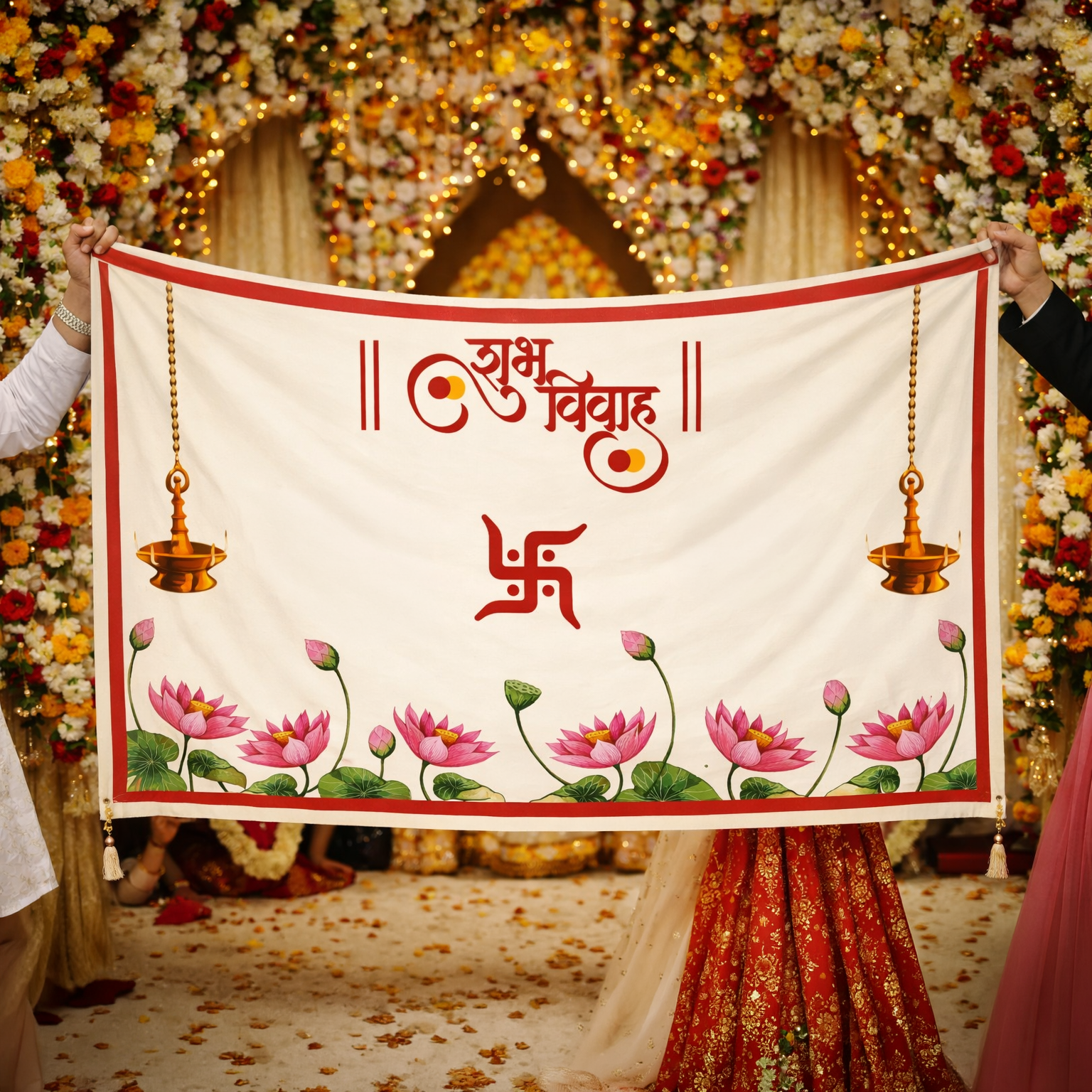 Traditional Shubh Vivah Antarpat with Lotus & Swastik Design